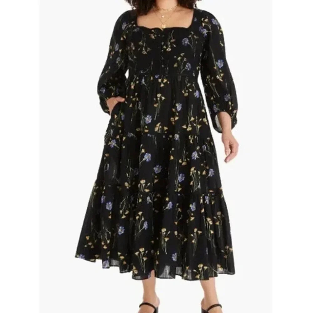 Madewell Black Floral Maxi Dress with Purple and Yellow Accents